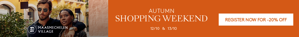 Banner voor Autumn Shopping Weekend bij Maasmechelen Village, 12 en 13 oktober, met 20% korting bij registratie.