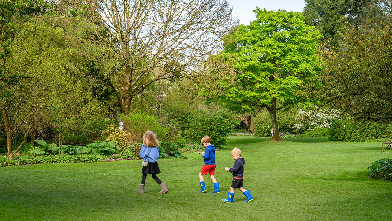 Kinderen tijdens de Paasspeurtocht in het arboretum van Kalmthout