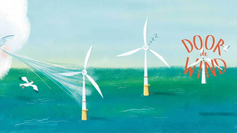 Illustratie van windmolens op zee voor de expo door de wind