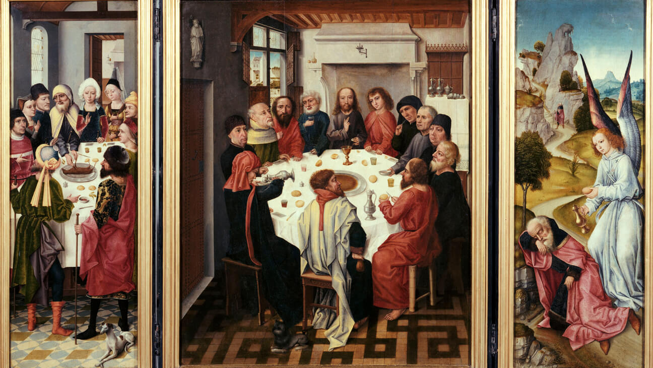Meester van de Sint-Catharinalegende Drieluik met de voorstelling van de Pesachmaaltijd en het Laatste Avondmaal