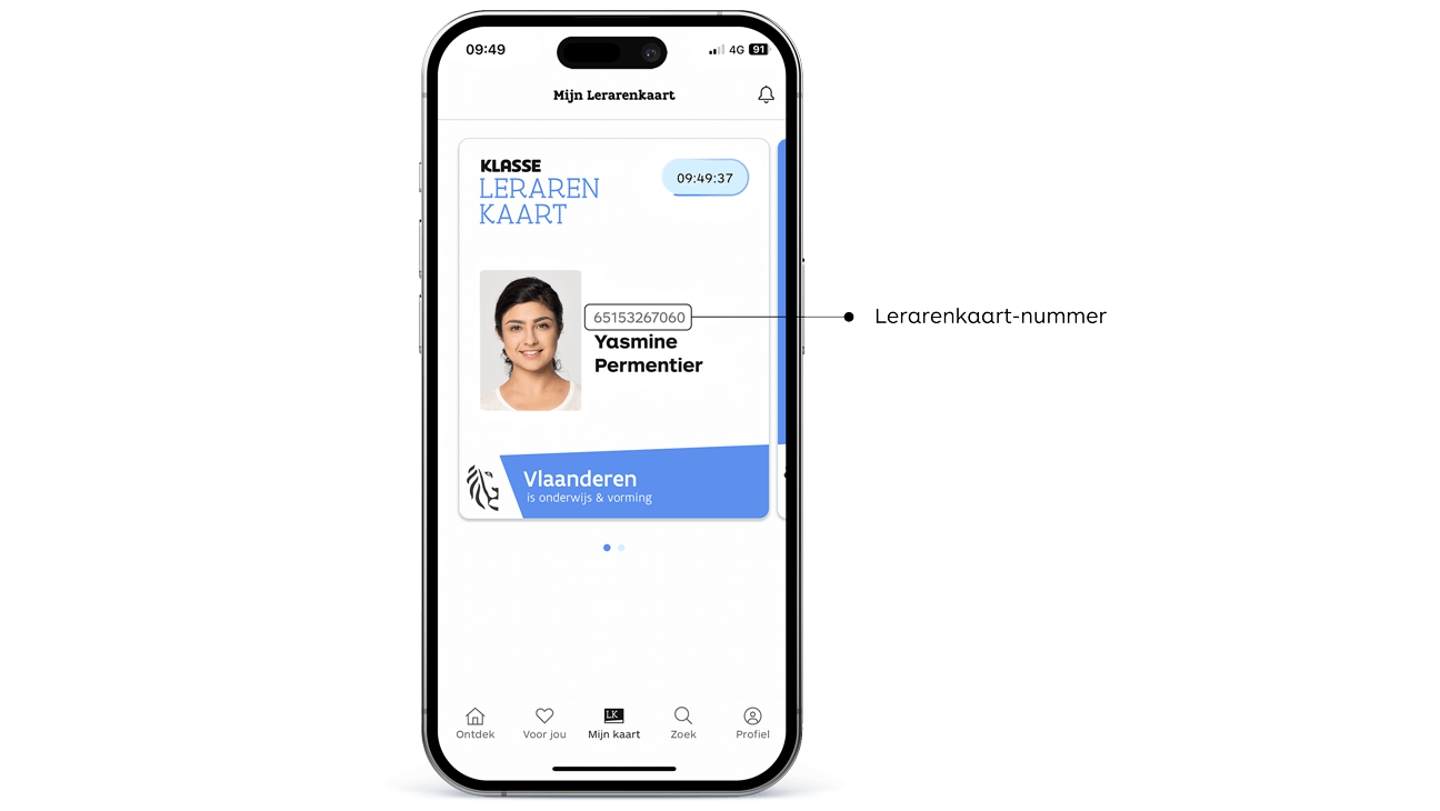 Je Lerarenkaart-nummer op je Lerarenkaart digitaal in de app
