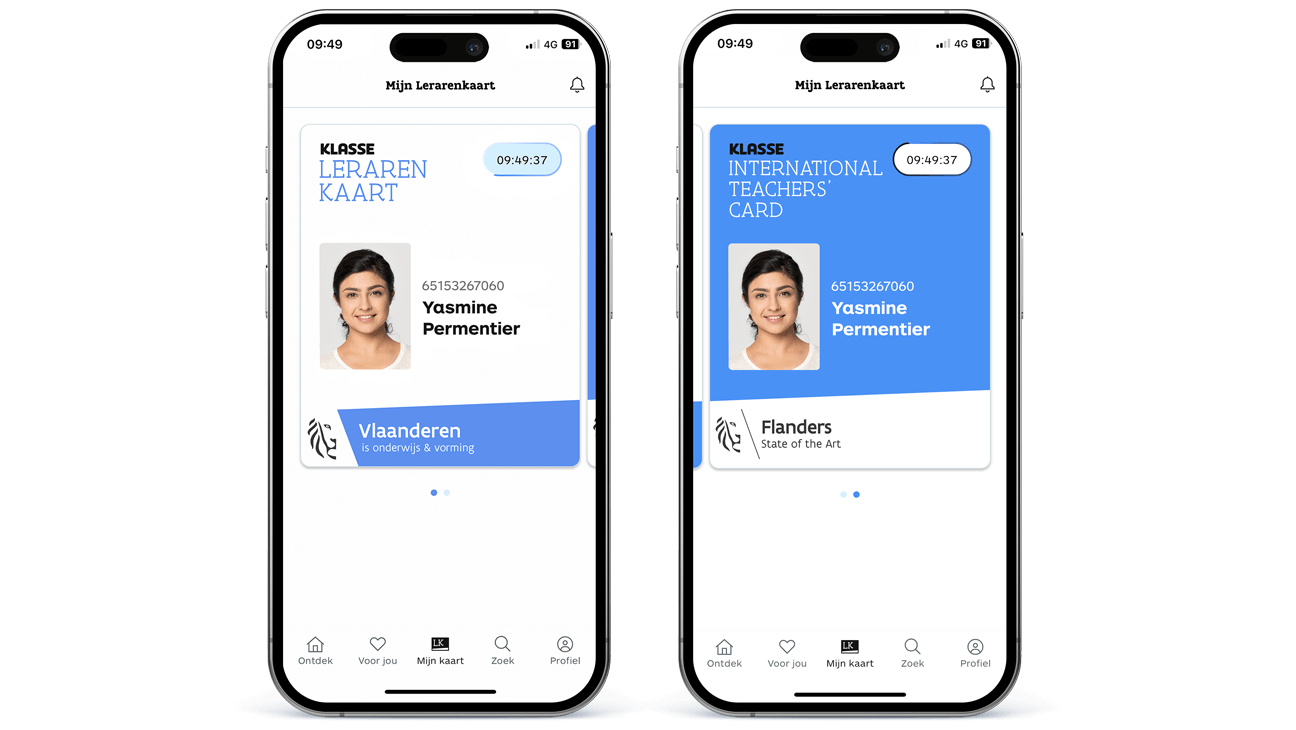 Voorbeeld van de Lerarenkaart digitaal in de app