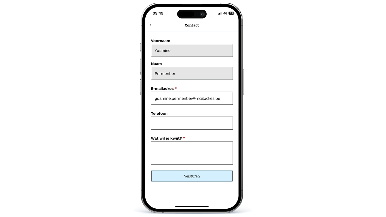 Formulier voor het melden van een technisch probleem via de app