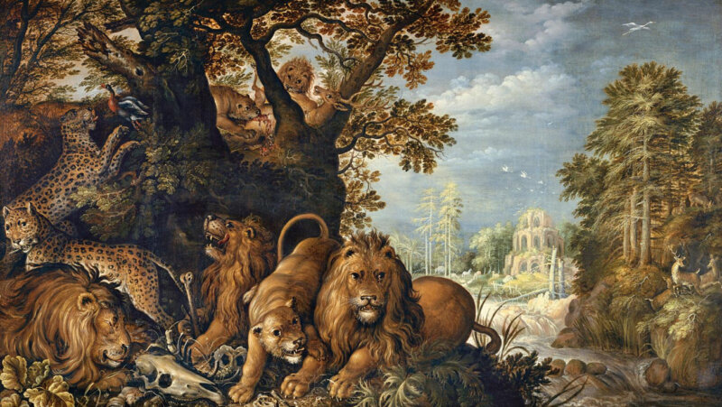 Schilderij van Roelant Savery, Landschap met wilde dieren, olieverf op doek